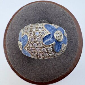 Cubic Zirconia & Blue Enamel Statement Ring VTG Sterling Silver 925 Size 4.5